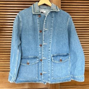 Re/Done Blue embroidered Denim Jacket with Brown Buttons
